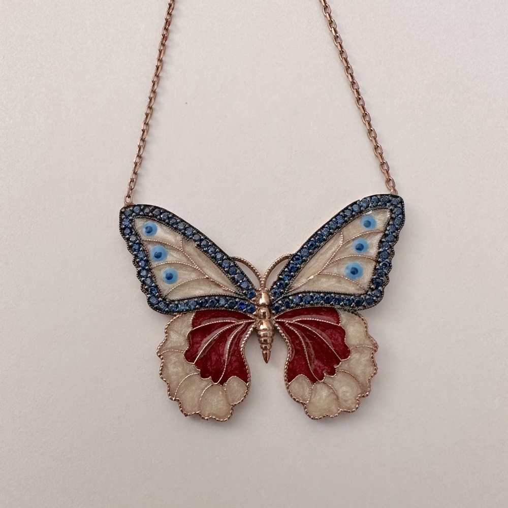 🦋Butterfly necklace sapphire blue cz evileye 925 silver 14k rose gold plated
